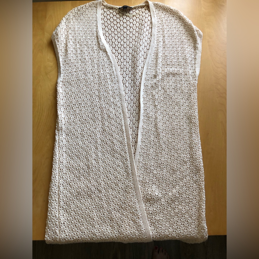 Crochet Off-White Knit long open front beach cover up